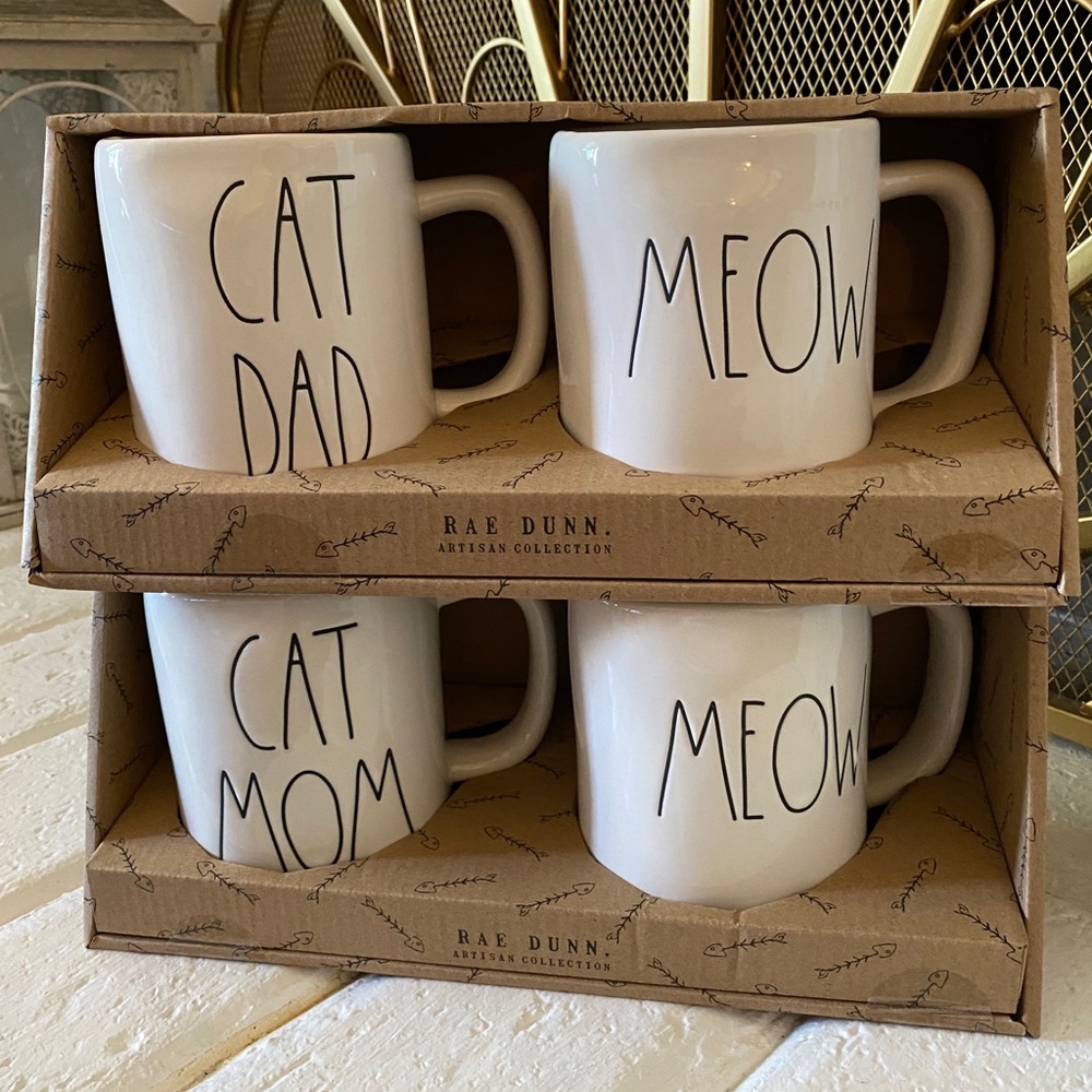 Rae Dunn Cat Mom Dad Meow Set Mugs 4 Mugs New